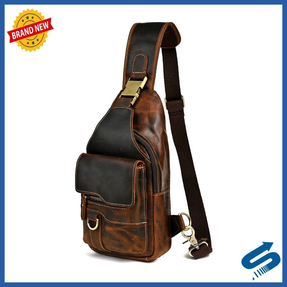 Genuine Leather Hiking Daypack Sling Crossbody Chest Bag for Travel